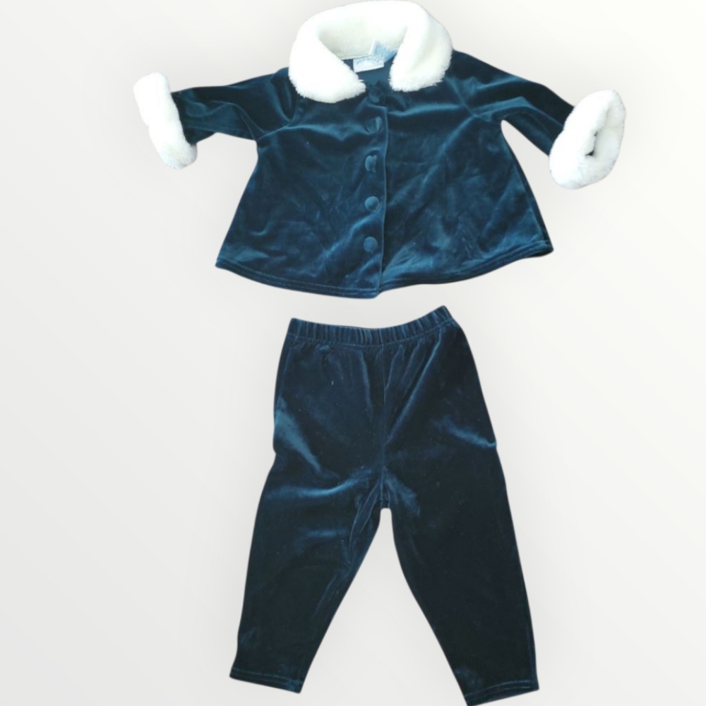 Green Velvet Matching Set with Faux Fur White Trim 12 Months All Mine Collection